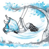 Lány hintázik a faágra szerelt hintáján