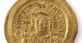 Justinian I, hoàng đế Byzantine (527-565), được mô tả trên một đồng tiền
