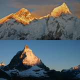 Bình minh trên đỉnh Everest (trên cùng bên trái) và trên Matterhorn