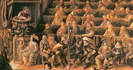 Galileo (góc trên cùng bên trái) tại phiên tòa xét xử Toà án dị giáo