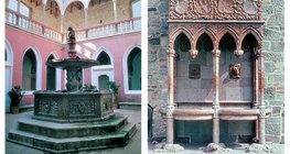 Các điểm thu hút chính của Lâu đài Visegrád đã được cải tạo là đài phun nước bằng đá cẩm thạch đỏ và đài phun nước với sư tử