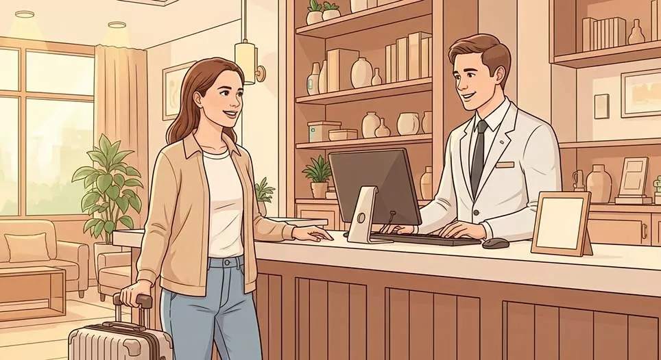Tại quầy lễ tân khách sạn